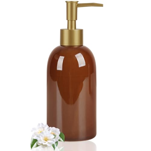 Image of Natheeph 14OZ Ceramic Soap Dispenser Can Fill Liquid for Bathroom, Kitchen | Refillable Hand Soap Dish Soap,Detergent for Kitchen, Bathroom, Soap Pump Dispenser Bottle, Ceramic (Amber)