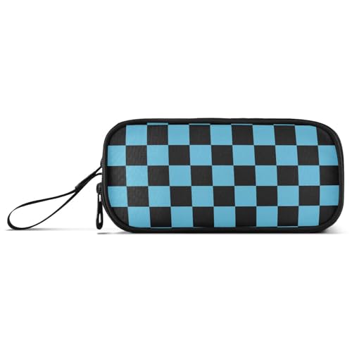 Image of Black Blue Checkered Pattern Pencil Case Box Boys Girls Large Pencil Pouch Zipper Compartments Big Capacity Stationery Pen Bag Organizer for Kids Teens Adults School Office