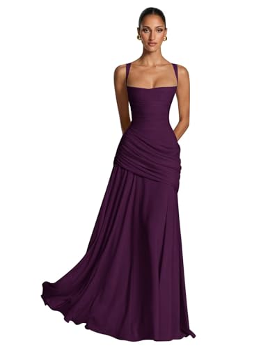 Sevintage Grape Bridesmaid Dresses Plus Size for Women Chiffon Cowl Neck Bodycon Ruched Sleeveless Maxi Formal Wedding Guest Dresses US0