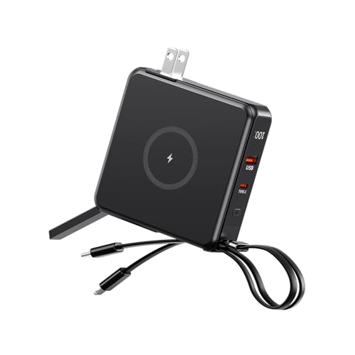 モバイルバッテリー 大容量 ケーブル内蔵 急速充電 10000mAh プラグ付き ワイヤレス充電 PD&QI対応 Type-C出入力ポート Phone&Android スマホ充電器 5台同時充電 コンセント一体型 持ち運び便利 携帯バッテリー 残量表示 ledランプ 旅行/出張/災害/緊急用(炭黑) K12 Pro(TW1012)