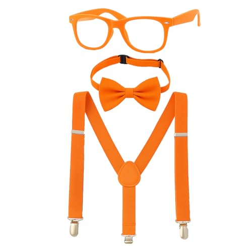 Orange Bow Tie Suspenders Glasses for Boys and Girls Adjustable Kids Orange Suspenders for Men