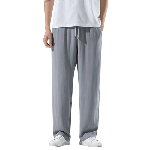 Men's Linen Pants Casual Drawstring Waist Breathable Lightweight Linen Pants Baggy Straight-Legs Trouser with Pockets