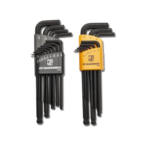 Gearwrench 83526 Set Di Chiavi Con Estremità Sferica Esagonali Sae/Metriche Magnetiche Pieghevoli A Braccio Lungo, Acciaio Legato Da 22 Pezzi