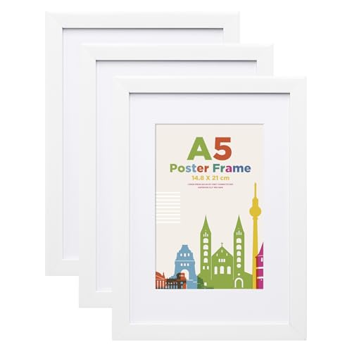 Egofine Cornice portafoto A5, in legno A5, con vetro acrilico, passepartout per foto 10 x 15 cm, per montaggio a tavolo e parete, 14,8 x 21 cm, per ritratti, casa, ufficio, bianco, 3 pezzi