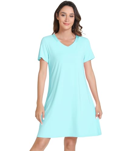 Image of NACHILA Women's Nightgowns-Viscose Made from Bamboo, Soft Sleepwear V Neck Sleepshirt Short Sleeve Loungewear Cool Sleepdress