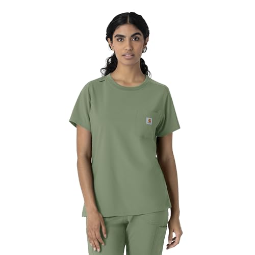 Carhartt Scrubs for Women Force Cross-Flex Crew Neck Tops with 1 Pocket, Green Slate, 2X