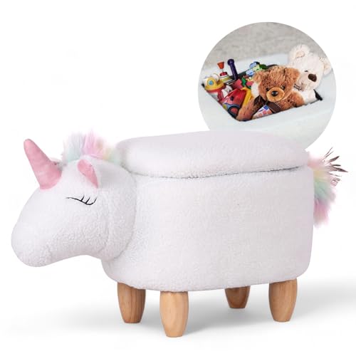 Suleno® Einhorn-Tierhocker mit Stauraum - Niedlicher Organizer & Sitzbox für Kinder, weicher Plüschbezug, Holzbeine, dekorative Möbel für Kinderzimmer 68 x 33 x 40 cm