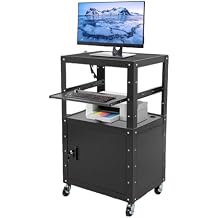 Projector Cart AV Presentation Cart on Wheels, Rolling Media Carts with Keyboard Tray, Power Strip, Storage Cabinet, 31.5"-43" Height Adjustable Heavy Duty, for School University Office Use, Black