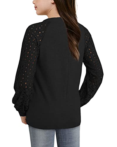 Image of Apbondy Girls Long Sleeve Shirts Lace Crewneck Blouses 5-14 Years | Casual,Lace sleeve, Loose Blouse Tops,Fashion Tops,Solid Color, Ribbed