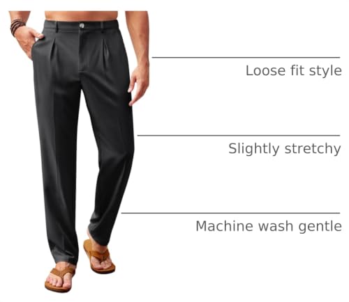 Image of Runcati Mens Casual Pants Elastic Waist Lightweight Loose Pleated Slacks | Summer Beach, Yoga Trousers, Button Closure, Straight Leg, With Pockets, Solid Color