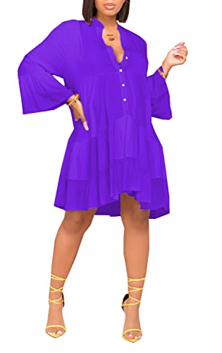 Image of FairyLove Women Wedding Ruffle Dresses Flowy Puffy with Deep V Neck Pleated Hem Lantern Long Sleeve Bell Sleeves