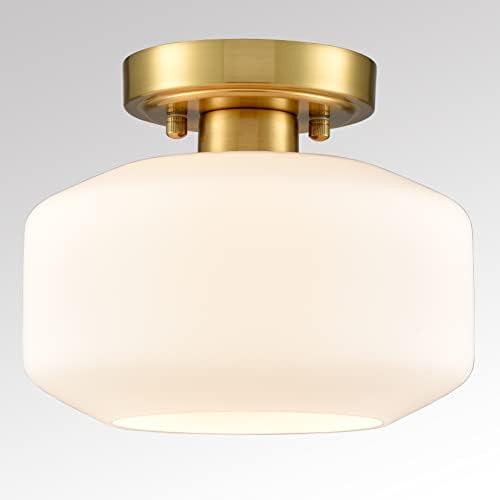 Modern Farmhouse Brass Semi Flush Ceiling Light, Opal Milk Glass
