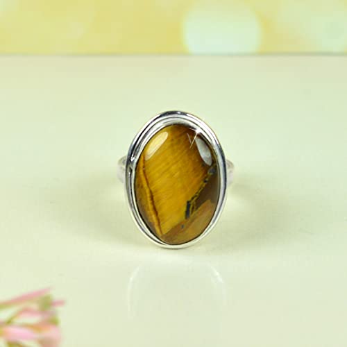 Image of Reiki Crystal Products Natural Certified Tiger Eye Ring, Tiger Eye Gemstone Ring, Adjustable, Golden & Brown