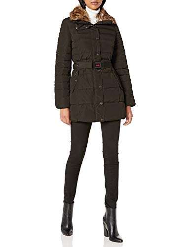 Nanette Lepore Women's Plus Size Belted Puffer Coat with Faux Fur Collar, Olive, 1X