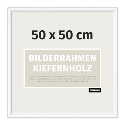 JUNOMI Bilderrahmen 50x50 cm Holz | Farbe Weiß | Quadratischer Posterrahmen mit bruchsicherem Acrylglas | zur einfachen Wandmontage | Schmales Profil
