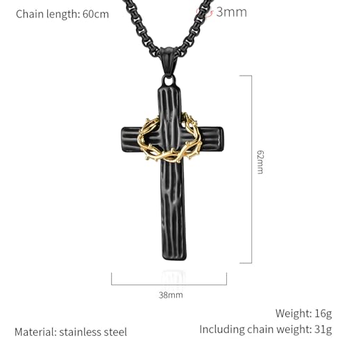Cross Necklace for Men,Stainless Steel Black Gold Silver Jesus Christ Crucifix Pendant Necklaces Meaningful Religious Jewelry，60cm Rolo Chain2
