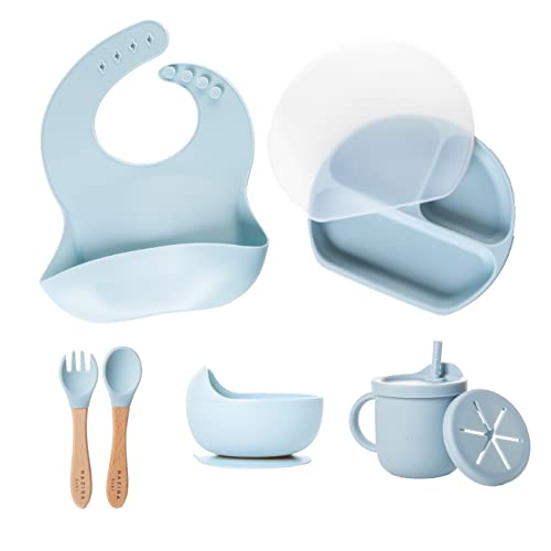 NAZIRABABY 8 Piece Baby Feeding Set Suction - Silicone Suction Bowls, Divided Plates, Straw Sippy Cup - Toddler Self Feeding Eating Utensils Set with Bibs, Spoons, Fork (Frosty Blue)