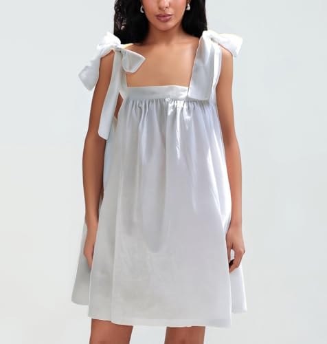 Image of Women Floral Tie Shoulder Mini Dress Cute Square Neck Loose Fit Beach Short Dress Backless Boho Vocation Sundress