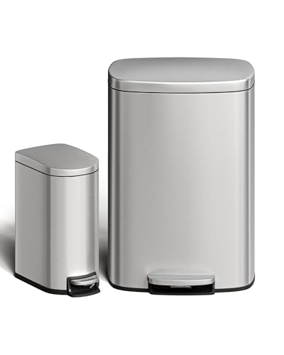 Garvee Garvee 13 gal (50 L) and 2.6 gal (10 L) Stainless Steel Trash Can Combo Set, Rustproof Garbage Can with Lid for Kitchen and Bathroom, Step-on Trash Bin with Inner Bucket, Rear Handle, Silver