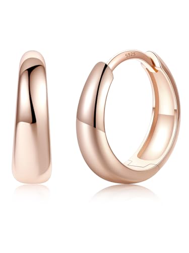 Silvora Rose Gold Chunky Hoop Earrings for Women Small Thick Huggie Hoops with 925 Sterling Silver Post Lightweight Earrings 12mm