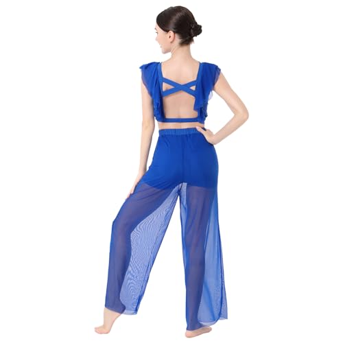 AFAVOM Lyrical Dance Dress for Women Modern Contemporary Dance Costume Chiffon Cross Back Crop Top with Mesh Sheer Pants Adult Ballet Leotard Shorts Ruffle Dancewear Outfit Royal Blue XL