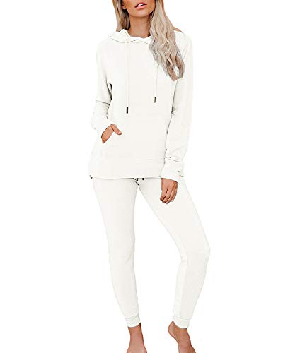 Eurivicy Women's 2 Piece Sweatsuit Set Solid Knit Long Sleeve Hooded Pullover and Pocketed Sweatpants Joggers Outfits Sets White
