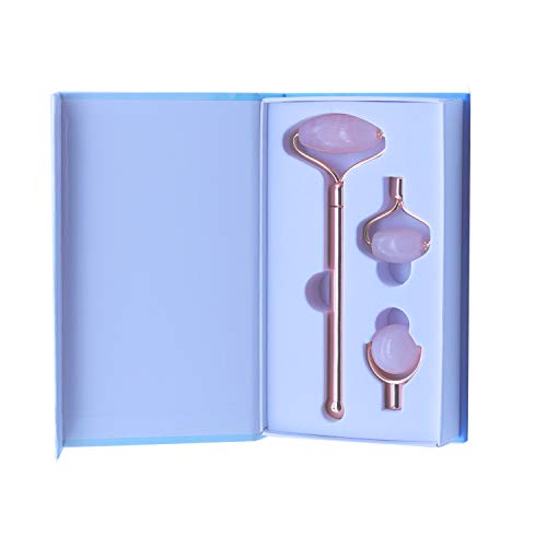 Rouleau de jade, comprend trois têtes remplaçables, 100% de pierre de jade véritable, rouleau de quartz rose, poignée en métal doré, kit de massage facial anti-âge pour les yeux Natural Treat