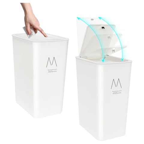 COMODID Trash Can with Lid, 2 Pack 4 Gallons Garbage Can with Press Top, Small Trash Can Dog Proof, Plastic Trash Bin, Waste Basket for Bathroom|Kitchen|Bedroom|Office (2, White) Cover