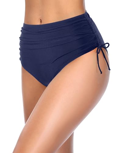 Image of Holipick Women's High Waisted Bikini Bottom | Tummy Control Ruched, Full Bum Coverage, Full Lining, Adjustable Drawstring Tie Side, Swimming, Beach