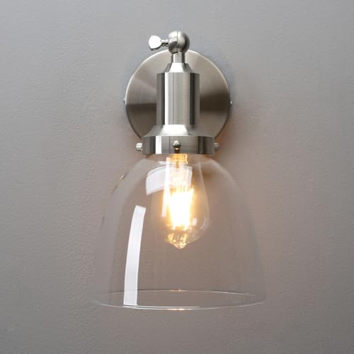 Image of PERMO Industrial Vintage Slope Pole Wall Mount Single Sconce with 6.7 inch Oval Dome Clear Glass Shade Wall Sconce Light Lamp Fixture (Brushed Nickel)