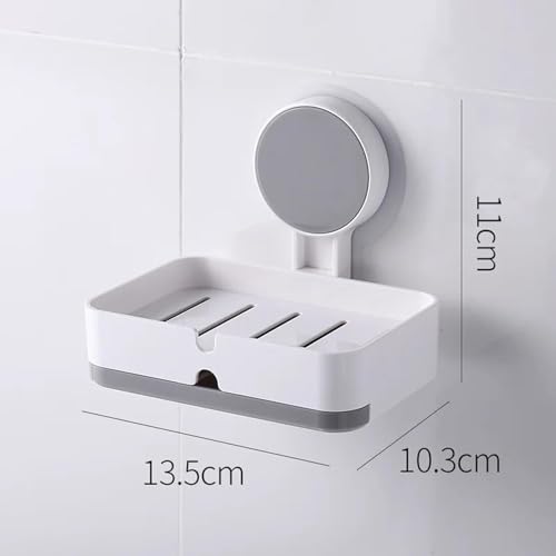 Image of Plastic Wall Mounted Double Layers Soap Dish Saver with Drain Tray, Adhesive Sponge Holder No-Drilling Soap Holder for Shower Bathroom Kitchen - Multicolour (White & Grey)
