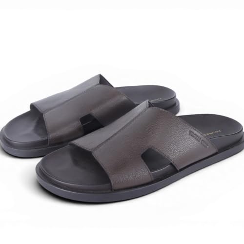 Image of Thomas Crick Men's Dune Genuine Leather Slides | Premium Open Toe Broad-Strap Casual Sandals with Contour TPR Sole, UK Size 6-11