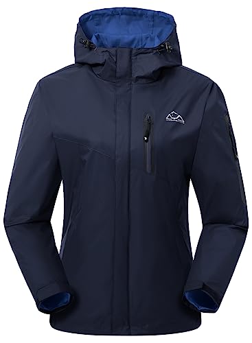 YSENTO Damen Regenjacke Wasserdicht Atmungsaktiv Outdoorjacke Leichte Übergangsjacke Windbreaker mit Kapuze(Marine,2XL)