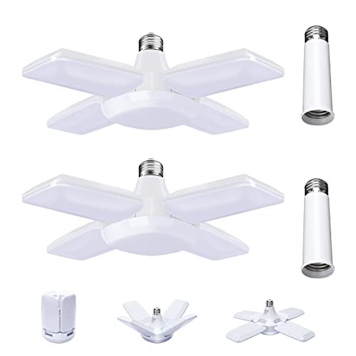 Deformable LED Ceiling Lights 2 Pack - 60W E26 6000LM Daylight White with 4 Adjustable Panels, Ideal for Garage, Warehouse, Basement