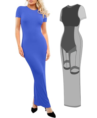 Image of Popilush Shaperwear Dress Built-in Bra Women's Casual Lounge Dress with Zipper Short Sleeve Mock Neck Bodycon Dresses