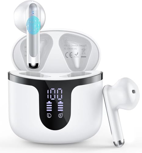 BHNYBWUL Wireless Earbuds Bluetooth Headphones 5.3 Stereo 50 Hour Playback Ear Buds with LED Display and with 4 ENC Noise Cancelling Mic Wireless Earphones, for Phone, Tablet, Laptop, Sports, White