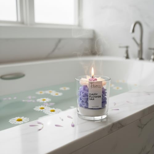 Image of Aesthetic Daisy Flower Scented Jar Candle | Calming Lavender Fragrance for Relaxation & Stress Relief | Hand-Poured Whipped Soy Wax | Unique Dessert Candle Design | Perfect for Home Decor
