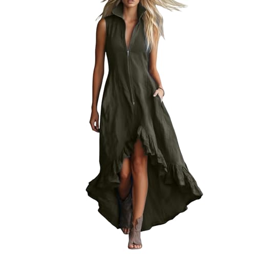 KBOPLEMQ Vestido de verano para mujer, vestido vintage con frente, corto, trasero, largo, maxivestido con cremallera, vestido de verano con volantes, sin mangas, elegante vestido de mujer con