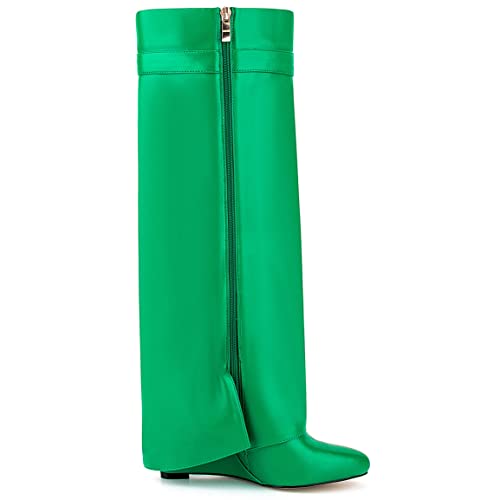 Image of Fold Over Knee High Boots for Women Pointy Pull-on Wedge Heel Knee Shark Boot With Side Zipper Covered Wedge Heel Padlock Boot