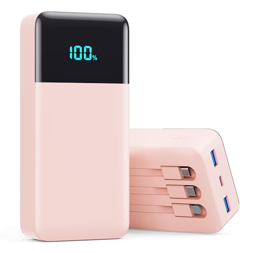 Image of Portable Charger 50800mAh Power Bank with 3 Built in Cables,25W PD QC4.0 Fast Charging USB C Battery Pack,6 Outputs 2 Inputs Travel Essentials Phone Charger for iPhone 17 /16 /15,Google,Android,Pink