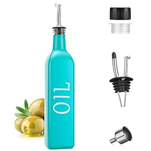 DIMBRAH Olijfolie dispenser groentaling, boerderij olie dispenser fles voor keuken, turquoise olijfolie fles met 2 no-drip schenken en trechter, glazen olie fles – [ENKELE PACK]