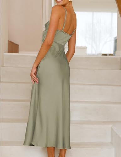 Image of Summer Satin Cowl Neck Midi Dress for Women 2026 Elegant Formal Silk Spaghetti Strap Backless Wedding Guest Dresses