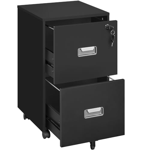 Yaheetech Caisson de Bureau à roulettes avec 2 Tiroirs Déplacement à Roulette Aisé Caisson de Rangement pour Documents au Format A4, Dossier Suspendu, Bureau, 40 cm × 40 cm × 66,5 cm (Noir)