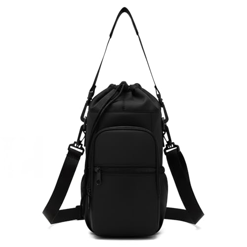 Zimoer Elegante y Práctica Bolsa para Vaso Stanley, Funda Termica Botella Agua, Bolsa para Stanley Cup con Bolsillo para Teléfono y Correa Ajustable, Ideal para Senderismo, Viajes y Camping (Negra)