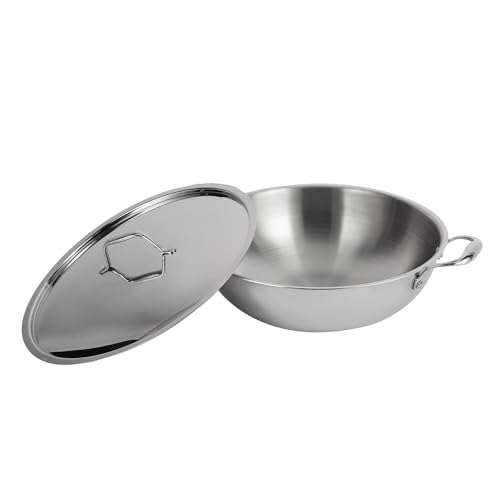 Royalford Triply Stainless-Steel Wok Pan with Lid – Deep Stir Fry Pan with Induction Base –Frying Pan Kadai Cooking Pan for Shallow & Deep Frying, Induction Bottom, 30cm