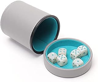 Luck Lab Grey Leather Dice Cup with Lid Including 6 Matching Pearl Dice - Teal Velvet Interior for Quiet Shaking - Use for Liars Dice Farkle Yahtzee Board Games, Grey