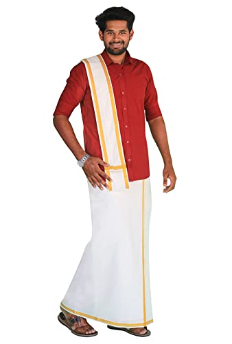 Image of PRAKASAM COTTON Mens Flexi size welcro pocket Readymade dhoti with golden Jari border + Matching Jari Cotton Single towel set only (shirt not included)