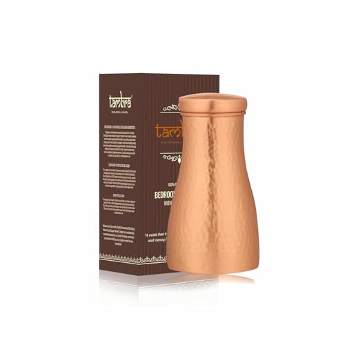Tambra Pure Copper Bedroom Bottle with Inbuilt Glass & Printed Design, Drinkware & Storage Purpose, Bed Jar, Volume-40Oz (HAMMERED)