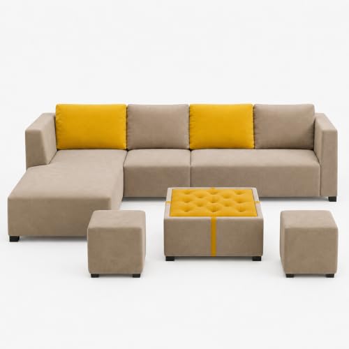 Image of FURNY Olympus 8 Seater LHS L Shape Sofa Set | Plush Velvet Suede Fabric | Modern Design | Soft Comfort Dual Color Cushions for Living Room, Office & Hotels (Beige-Yellow)