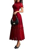 GothDark Womens Elegant Vintage Floral Lace Dress Short Sleeve Double Layer Gothic Midi Wedding Guest Cocktail Dresses Red